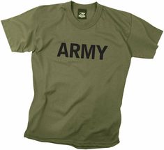 Kids Olive Drab Army Physical Training T-Shirt PT Boot Camp Tee (66136) Made From 60% Cotton & 40% Polyester Material "Army" Printed In Black Lettering On Front Of Shirt Tag-Less Label Short Sleeve Army T-Shirt Rib Crew neck Double Stitched Hemmed Sleeves Shoulder-To-Shoulder Taping Unisex Extremely Comfortable Officially Licensed By U.S. Army Military Style Cotton T-shirt With Crew Neck, Military Style Cotton T-shirt With Graphic Print, Military Style Cotton Short Sleeve T-shirt, Military Style Cotton T-shirt With Short Sleeves, Outdoor Cotton Tops With Logo Print, Outdoor Cotton T-shirt With Text Print, Army Letters, Marine Day, Kids Army