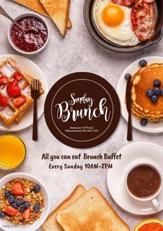 an advertisement for brunch with breakfast foods