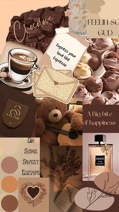 the collage shows different types of chocolates, coffee and other things that are on display