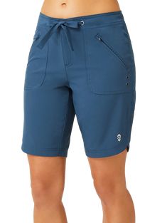 Summer fun starts with the Free Country Bermuda Board Shorts for Ladies! UPF 50+ sun protection safeguards your skin from harmful UV rays, even during extended outings. Lightweight 93% polyester/7% spandex fabric dries fast for comfortable transitions in and out of the water. 2 zippered front pockets sport rivets for faster drainage and drying. Adjustable tie waist provides a tailored fit just for you. Zippered fly. Wear these women's board shorts on their own or as a cover-up for your favorite Outdoor Activewear With 4-way Stretch And Functional Drawstring, Stretch Moisture-wicking Bottoms For Travel, Moisture-wicking Stretch Bottoms For Travel, Functional Sports Bottoms With Upf 50+, Functional Sport Bottoms With Upf 50+, Travel Activewear With Elastic Waistband And 4-way Stretch, Activewear With Elastic Waistband And 4-way Stretch For Travel, Sporty Blue Bottoms For Travel, Moisture-wicking Midweight Bottoms For Travel