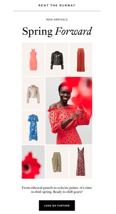 an advertisement for the spring forward collection, featuring dresses and jackets in different colors with red flowers