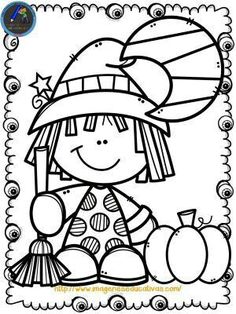 a black and white drawing of a girl with pumpkins