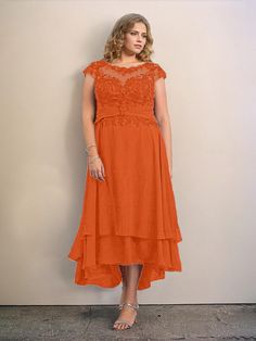 Burnt_Orange Burnt Orange Dress, Illusion Neckline, Chiffon Material, Mother Of The Bride Dress, Asymmetrical Design, Bride Dresses, Lace Applique, Chiffon Fabric, Modern Elegance