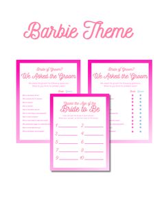 three pink and white baby shower games with the words barbie to be written on them