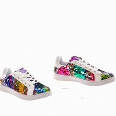 Women’s Wanted White Selena Multi-Color Changing Sequined Sneaker Sporty Low Top Sneaker Vegan Leather With Decorative Mermaid Sequins Round Toe Silhouette Front Lace Up Design Cushioned Insole And Padded Collar Rubber Sole Trendy Flat Sneakers For Party, Trendy Flat Party Sneakers, Sporty Spring Sneakers For Party, Trendy Party Sneakers With Laces, Multicolor Sneakers For Spring Party, Casual Party Sneakers With Round Toe, Trendy Multicolor Summer Sneakers, Multicolor Casual Party Sneakers, Casual Multicolor Party Sneakers