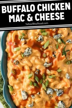 buffalo chicken mac and cheese in a blue bowl