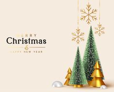 merry christmas and happy new year greeting card with gold trees, snowflakes and baubies