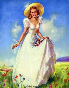 a painting of a woman in a white dress and hat with flowers on her hand