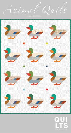 an animal quilt pattern with ducks and hearts on the front, as well as words that read