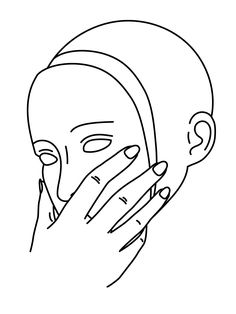 a line drawing of a woman covering her face with her hands and looking at the camera