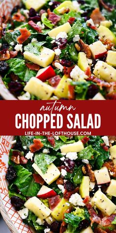 chopped salad in a bowl with bacon, apples and spinach on the side text overlay