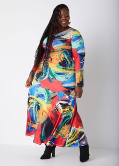 Make a vibrant statement in our festive maxi dress! This festive piece is designed to turn heads with its bold, multicolored print and flattering ruched detailing. The front keyhole gives seriously sexy coquette vibes, while the slip-on style ensures effortless wear. Dresses For Events, Party Maxi Dresses, Coquette Vibes, Multicolored Dress, Plus Size Bodycon, Ashley Stewart, Maxi Knit Dress, Geo Print, Maxi Dress Party