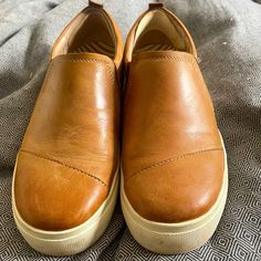 Size 8.5. Only Worn A Few Times In Like-New Condition. Originally $155 And Still Available Online. Cognac Leather Slip-on Shoes, Brown Leather Almond Toe Slip-ons, Brown Swift Leather Low-top Shoes, Brown Low-top Swift Leather Shoes, Leather Sneakers With Almond Toe, Brown Sneakers With Leather Lining And Round Toe, Brown Leather-lined Sneakers With Round Toe, Brown Leather Lined Sneakers With Round Toe, Brown Slip-on Sneakers With Leather Footbed