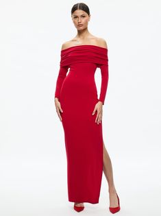 Coretta Off The Shoulder Dress In Bright Ruby | Alice + Olivia Stretch Boat Neck Party Dress, Evening Off-shoulder Stretch Bodycon Dress, Off-shoulder Stretch Bodycon Evening Dress, Off-shoulder Bodycon Dress For Dinner, Stretch Off Shoulder Dress With Straight Neckline, Evening Stretch Off-shoulder Bodycon Dress, Chic Stretch Boat Neck Dress, Stretch Boat Neck Evening Dress, Elegant Off Shoulder Dress With Straight Neckline