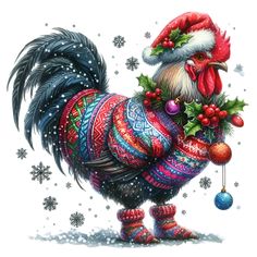 a rooster with christmas decorations on it's back