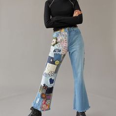 High Rise. Beautiful Patchwork Retro Patchwork Jeans For Spring, Blue Patched Jeans For Spring, Spring Blue Jeans With Patches, Graphic Jeans, Fall Bottoms, Jeans Urban Outfitters, Black Mom Jeans, Urban Outfitters Jeans, Velvet Flares