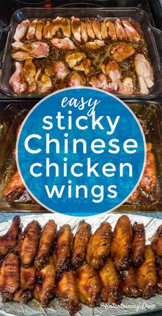 chicken wings are being cooked in an oven with the words easy sticky chinese chicken wings