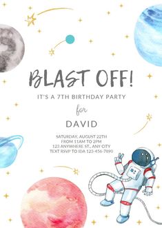 Blast off to birthday fun with this exciting space-themed invitation, complete with vibrant planets and a fearless astronaut! Perfect for boys who dream of adventure, this invite will send your guests on an intergalactic journey they won't forget. Astronaut Birthday Party, Outer Space Birthday Invitations, Space Invitation, Galaxy Party, Space Birthday Invitation, 5th Birthday Party, Astronaut Birthday, Birthday Invitations Diy, Outer Space Party