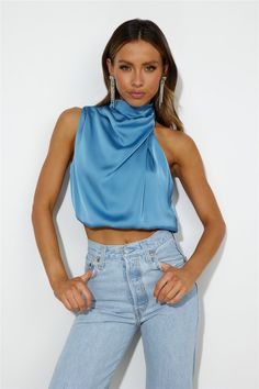 Length from shoulder to hem of size S: 36cm. Crop top. Lined. Model is a standard XS and is wearing XS. True to size. Non-stretchy satin fabric. Button closure at the back. Cold hand wash only. Polyester. Stay Patient and let the good vibes roll onto you. This silky top features a high neckline with an asymmetrical shoulder strap detail and a draped look. Style yours with a high-waisted skirt and heels. Homecoming Romper, Party Rompers, Silky Top, Knit Outerwear, Cropped Tops, Halter Maxi Dresses, Dresses Backless, Printed Rompers, Maxi Dress Blue