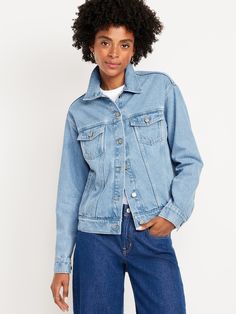 spread collar long sleeves buttoned cuffs button front button-flap chest pockets vertical welt pockets adjustable button tabs at back waist Perfect Jeans, Classic Jeans, Old Navy Women, Big And Tall, Petite Size, Summer Wardrobe, Jean Jacket, Outerwear Jackets, Old Navy