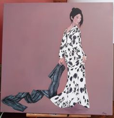 a painting of a woman in a long dress holding a handbag on a easel