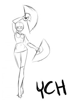 a drawing of a woman with her hand on her hip and the word ych in black