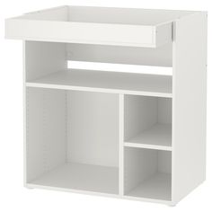 a white shelf with two open shelves on each side and one closed drawer at the top