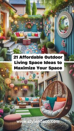 an outdoor living space that is decorated with plants and hanging chairs, including a hammock