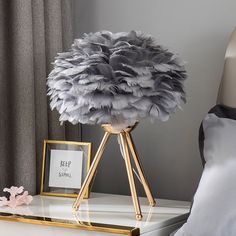 an ostrich feather lamp on a table next to a framed photograph and flowers