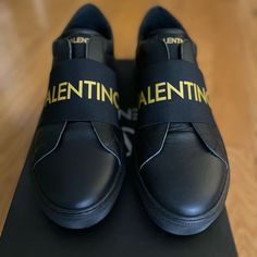 Valentino Men Shoes Size 11, Brand New With Box! Luxury Black Slip-on Sneakers, Designer Leather Slip-on Shoes With Contrast Sole, Designer Slip-on Sneakers With Branded Insole, Slip-on Calf Leather Sneakers With Round Toe, Slip-on Sneakers With Calf Leather And Round Toe, Modern Slip-on Calf Leather Sneakers, Designer Sneakers With Branded Insole, Designer Custom Calf Leather Slip-on Sneakers, Designer Slip-on Custom Sneakers In Calf Leather