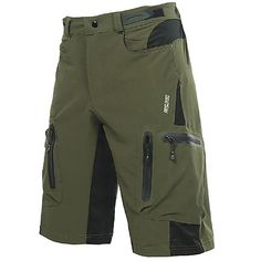 the shorts are green and black with zippers on each side, along with an inner pocket