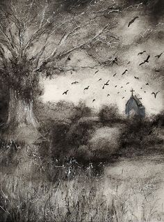 black and white drawing of birds flying over a field with a church in the distance