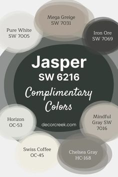 The image features a color palette centered on the Sherwin-Williams paint color "Jasper" (SW 6216). Surrounding Jasper are six complementary colors, each displayed in bubble-like shapes:

Pure White (SW 7005)
Mega Greige (SW 7031)
Iron Ore (SW 7069)
Horizon (OC-53)
Swiss Coffee (OC-45)
Mindful Gray (SW 7016)
Chelsea Gray (HC-168) Sw Iron Ore Bathroom, Sherwin Williams Jasper, Iron Ore Sherwin Williams, Mega Greige, Sherwin Williams Color Palette, Chelsea Gray, Mindful Gray, Swiss Coffee, Sherwin Williams Colors