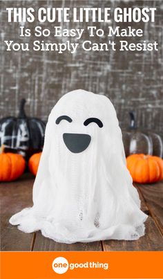 a white ghost with the words, this cute little ghost is so easy to make you simply can't resist