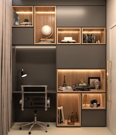 an office with wooden shelves and lights on the wall, along with a desk in front of it