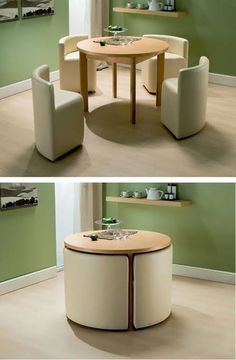 two pictures of the same table and chairs in different rooms, one with green walls