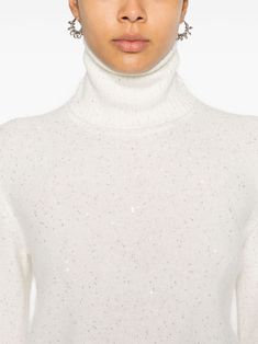 Imagine slipping into a cozy cloud of luxury with a sweater that's as much about comfort as it is about elegance. Perfect for those chilly days when you want to feel warm and look effortlessly chic, this piece is a true wardrobe staple. It's like your favorite hot drink on a cold day—just right. Cream white knitted construction Sequin embellishment for a touch of sparkle Ribbed turtleneck for a snug fit Long sleeves with ribbed cuffs Ribbed hem to complete the look Made in Italy with premium mat Sequin Embellishment, White Turtleneck, Ribbed Turtleneck, Knit Turtleneck Sweater, Leather Cap, Mens Fall, Scarf Jewelry, Sweaters Knitwear, Denim Pant