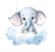 an elephant sitting on top of a cloud in the sky with its trunk up and eyes wide open