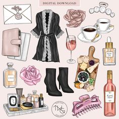 an illustration of various items that include wine, perfumes and other things to wear