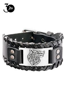 Artisan Collection of Ireland��� Silver-Tone and Black Leather Men's Viking Wolf 8" to 10" Bracelet. Measures Approximately 1.5"W. Buckle Clasp Closure. Gothic Adjustable Leather Bracelet, Vintage Black Leather Bracelet, Adjustable Black Viking Bracelet, Handmade Viking Style Black Bracelet, Handmade Black Band Bracelet, Wolf Bracelet, Viking Wolf, Leather Men, Vikings