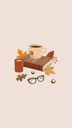 a cup of coffee sitting on top of a book next to autumn leaves and glasses