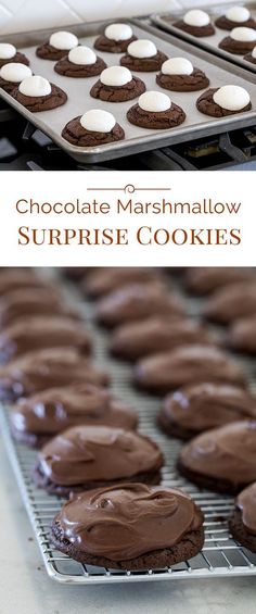 chocolate marshmallow surprise cookies on a cooling rack