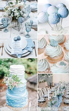 a collage of photos with blue and white wedding decorations on top of each other