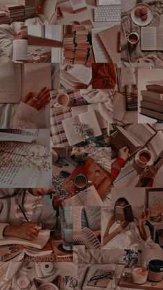 a collage of photos with coffee, books and laptops on it's surface