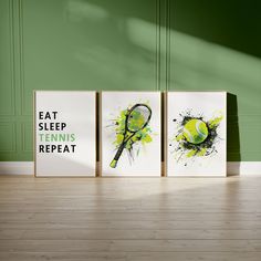 three canvases with tennis balls on them in front of a green wall and wooden floor