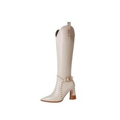 LBSFY - White Pointed Toe Rivet Western Boots Pu Leather Side Zipper High Heels Knee High Boots Newest Fashion Autumn Winter Women Shoes Beige Pointed Toe Boots With Zipper Closure, Beige High Heel Boots With Zipper, Casual Pumps, Fashion Autumn, Strap Pumps, Mary Jane Heels, Mary Jane Shoes, Shoes Black, Western Boots