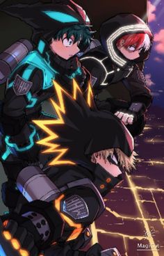 two anime characters standing next to each other in front of a cityscape with neon lights