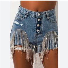 Rhinestone Tassel Summer Women’s Blue Jean Short Sz M High Waist With Button Party Denim Bottoms With Fringe, Trendy Party Bottoms With Rhinestone Fringe, Blue Rhinestone Bottoms For Summer, Summer Blue Rhinestone Bottoms, Summer Blue Bottoms With Rhinestones, Summer Blue Rhinestoned Bottoms, Floral Lace Shorts, Rhinestone Fringe, Womens Summer Shorts