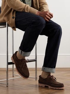 DESIGNED BY MR PORTER. Mr P.'s rugged ‘Caspian' boat shoes are crafted from supple suede and threaded with tonal laces. They rest on chunky Vibram rubber lug soles that provide plenty of traction. Mens Boat Shoes Outfit, Boat Shoes Outfit Mens, Boat Shoes Outfit, Boat Shoes For Men, Boots Men Outfit, Lug Boots, Mr P, Leather Brogues, Mens Boots Fashion