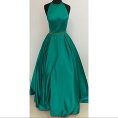 Sherri Hill #51036 Emerald New With Tags. Never Worn Nor Altered. High Neck Satin Ball Gown With A Beaded Waist Band. Green Sweep Train Gown, Green Gown With Sweep Train, Green Satin Long Gown, Green Silk Evening Dress For Prom Season, Green Silk Evening Dress For Prom, Peacock Color Dress, Green Satin Gown, Sherri Hill Ballgown, Iridescent Prom Dress